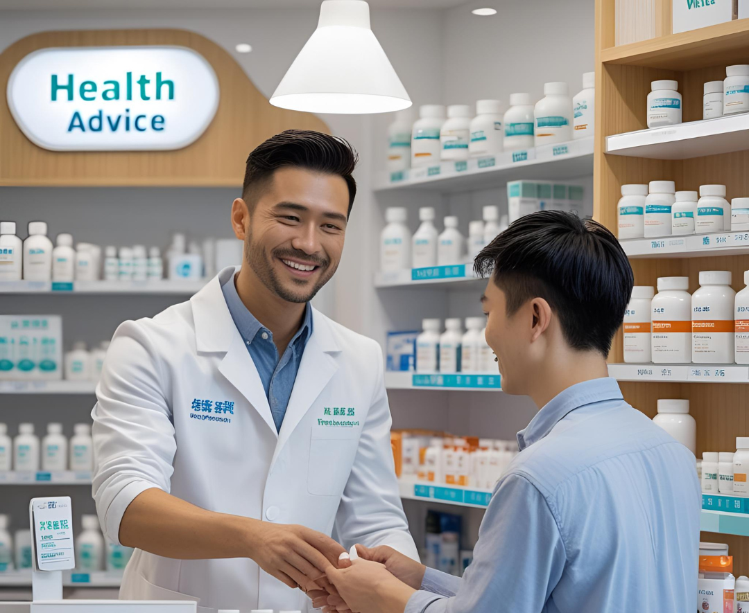 A friendly pharmacist consulting with a customer over the counter.