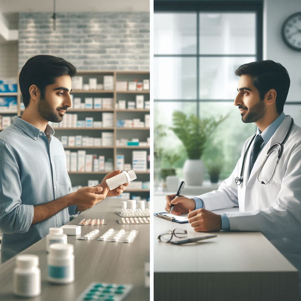 A pharmacist assisting a customer in a modern pharmacy.